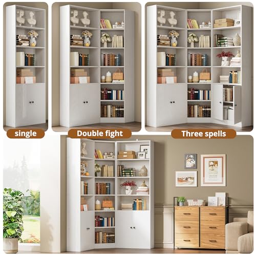IRONCK Corner Bookshelf and Bookcase with 2 Storage Cabinets and 7 Tier Shelves, 71" Height Storage Shelves Corner Combination, White IRONCK