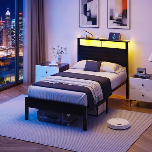 Kbun Twin Bed Frame with LED Lights & USB Charging Station, Black Metal Platform Bed with Storage Headboard, Under-Bed Space, Noise-Free & Sturdy, No Box Spring Needed, Easy Assembly Kbun