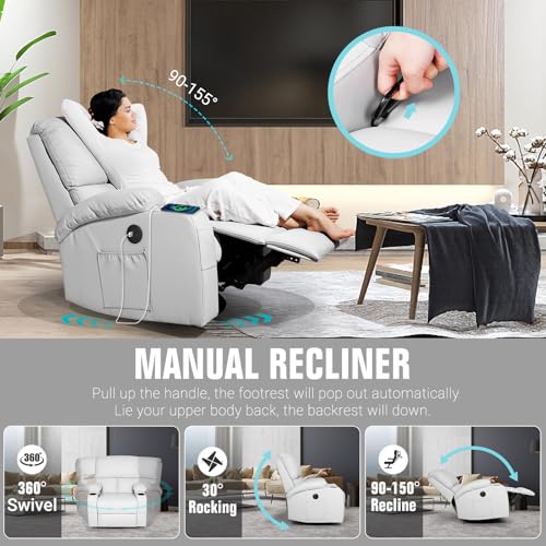 LEVELEVE Rocking Recliner Chair, Massage Rocker Recliner Chair with Vibration Massage and Heat, USB and Type-C Ports,360° Swivel Faux Leather Chairs, Living Room, Bedroom, Nursery, RV, Light Grey