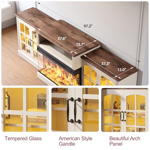 OneBlis 97" Fireplace TV Stand with 36" Electric Fireplace, Farmhouse Entertainment Center for TVs up to 100", Media Console Table with Large Storage Cabinets, for Living Room, White OneBlis