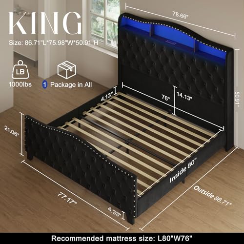 Belffin King Size Bed Frame and Headboard, 50.9" Velvet Upholstered Wingback Bedframe with LED Lights & Storage/Charging Station, Button Tufted Tall Footboard, No Box Spring Needed, Noise-Free, Black Belffin