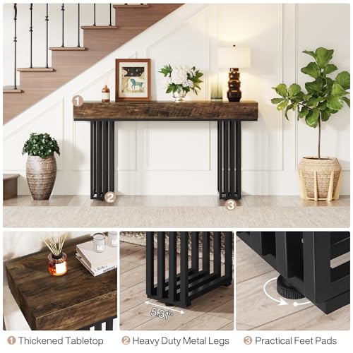 Tribesigns 55-Inch Console Table for Entryway, Industrial Hallway Table with Stylish Metal Frame, Sofa Foyer Table for Living Room, Entrance, Brown & Black. Tribesigns