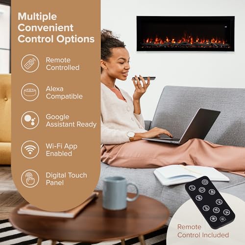 Modern Ember Highmark 50 Inch Smart Linear Electric Fireplace - Premium Flame with 10 Colors, Sleek Hidden Vent Design, Install Recessed in-Wall or Wall-Mount, WiFi Enabled Modern Ember