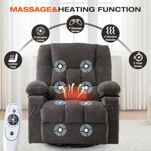 8-Points Massage Recliner Chair with Heated Rocking Function for Adults,Oversized Rocker Recliner with Side Pocket,2 Cup Holders for Living Room