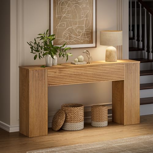 FABATO 61'' Fluted Long Console Table, Wooden Rectangular Sofa Table Behind The Couch, Narrow Entryway Table with 2 Hidden Storage Cabinets for Entrance, Hallway, Living Room, Foyer, Wood FABATO