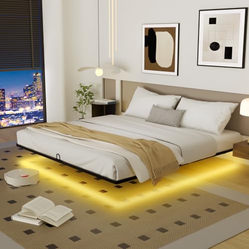 YIADDTION King Size Floating Bed Frame with Smart LED Lights, Modern Metal Platform Floating Bed Frame King - Heavy Duty Easy Assembly No Box Spring Needed and Noise Free YIADDTION