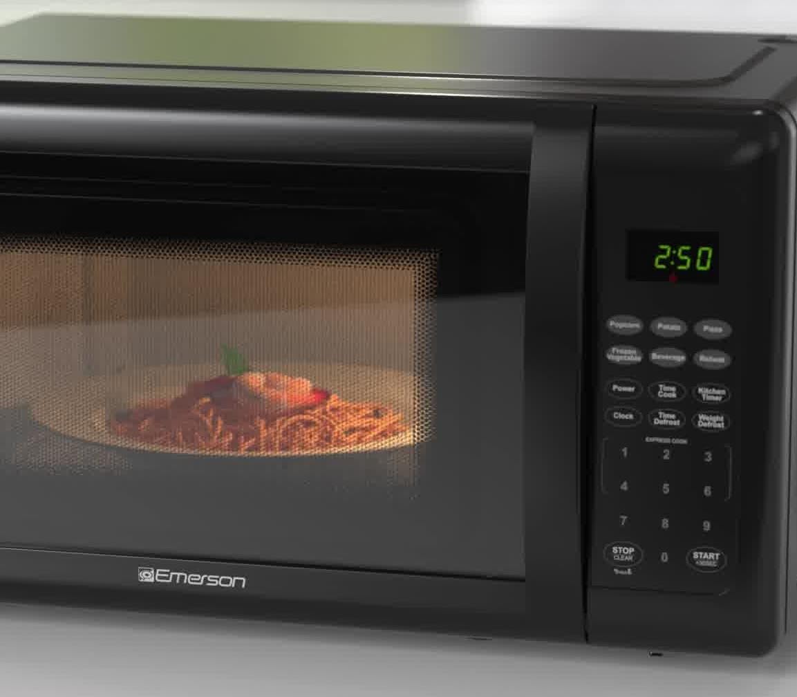 Emerson MW7302B Compact Countertop Microwave Oven with Touch Control, LED Display, 700W, 10 Power Levels, 6 Auto Menus, Glass Turntable and Child Safe Lock, 0.7 Cu., Ft. Black Emerson