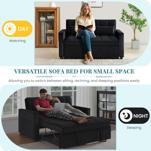 Antetek 3 in 1 Convertible Sleeper Sofa Bed, Modern Velvet Loveseat Futon Couch w/Pullout Bed, Small Love Seat Lounge Sofa w/Reclining Backrest, Toss Pillows, Pockets, Furniture for Living Room, Black Antetek