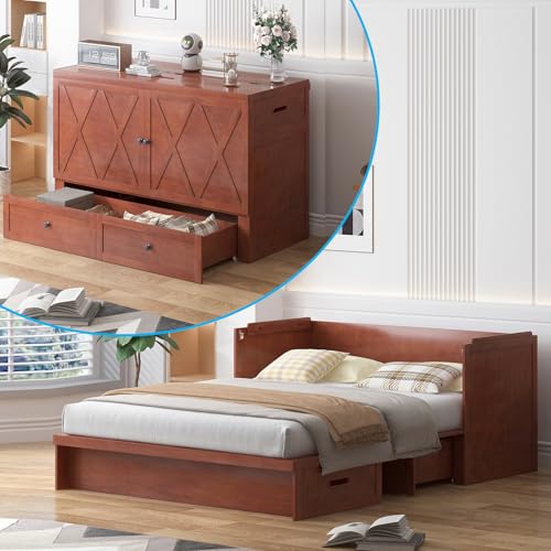 CECER Queen Size Murphy Bed with Tri-Folding Mattress,Murphy Bed with Charging Station and Two Large Storage Drawers for Small Spaces/Bedroom(Maroon)-Mattress Include CECER