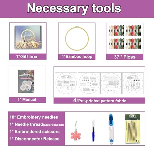 Sutesloly Embroidery Kit for Beginners Adults, 4 Sets Learn to Floral Patterns Simple Starter kit for Beginners, Easy Practice Kit, 7.8inch Hoop, Hand DIY Craft for Women,Purple