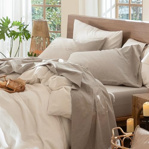 MooMee Bedding Sheet Set 100% Washed Cotton Linen Like Textured Breathable Durable Soft Comfy (Heathered Tannish Linen Grey, Twin) MooMee