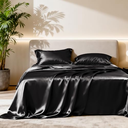 Love's cabin Twin Satin Sheets Sets - 3 Piece Black Silky Bed Sheets with Deep Pockets, Luxury Silk Feel Satin Twin Size Sheet Set Bedding Set (1 Flat Sheet,1 Fitted Sheet,1 Pillow case) Love's cabin