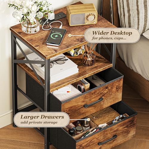 Huuger Nightstands Set of 2, Night Stand with Charger Station, 2 Drawer Side Table with Open Shelf, USB-C Port, End Table for Small Spaces, X Shaped Side Rail, Rustic Brown Huuger