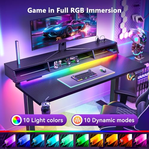 OffiGo Gaming Standing Desk with LED Light, 48 Inch Electric Height Adjustable Table with Power Outlet & Floating Monitor Stand, Sit Stand Computer Workstation for Home, Bedroom, Black OffiGo