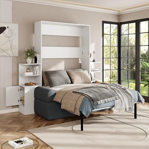 Quarte Queen Size Wall Murphy Bed with Sofa and Storage, Space-Saving Folding Bed for Home Office & Guest Room, Easy Assembly (A-Gray) Quarte