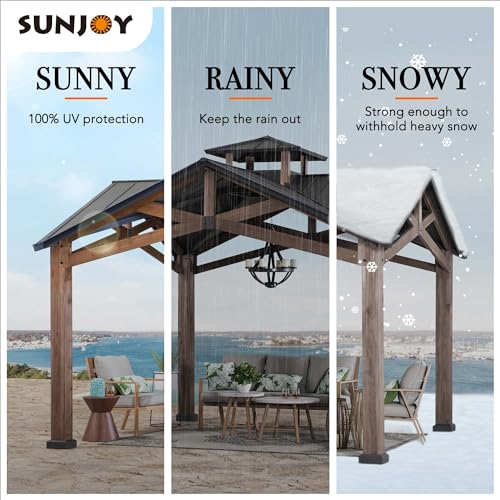 Sunjoy 12.5 x 12.5 ft. Hardtop Gazebo Outdoor Cedar Frame Wood Gazebo with Steel 2-Tier Hardtop Roof and Ceiling Hook, Black by SummerCove Sunjoy