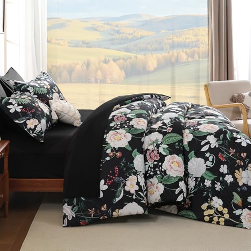 Anibedding 7Pieces Floral Queen Size Comforter Set, Garden Plant Flower Style Bed in a Bag Black White Bedding Comforter Set with Pillow Case for Bedroom Anibedding