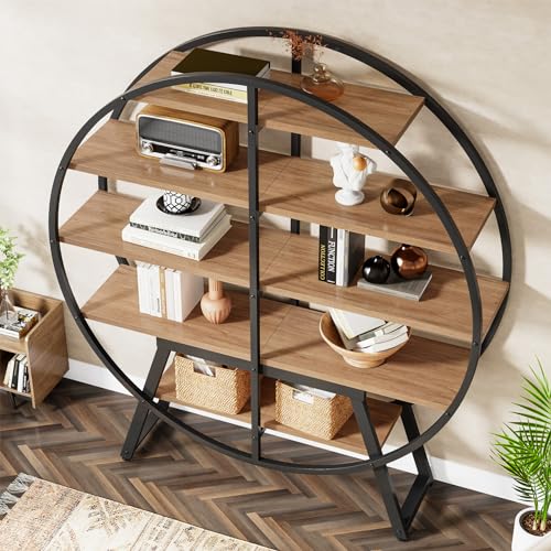 Tribesigns 67-Inch Industrial Round Etagere Bookshelf - 5-Tier Oak and Metal Display Stand Tribesigns