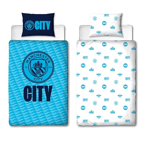 Character World Official Manchester City FC Single Duvet Cover Set, Crestcol Design | Blue Reversible 2 Sided Football Bedding Cover Official Merchandise Including Matching Pillow Case Manchester United