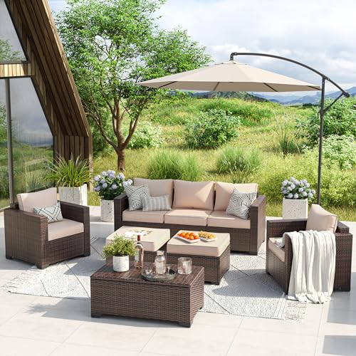 UDPATIO 6 Piece Patio Furniture 7 Seats Wicker Outdoor Sectional, Thick Cushions Patio Couch Chair with Ottoman & Storage Table for Porch, Balcony UDPATIO