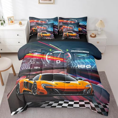 Feelyou Boys Race Car King Size 7 Piece Bedding Set Kids Racing Car Comforter Set with Sheets, Pillowcases & Cushion Cover