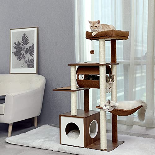 PEQULTI 51.4 Inches Modern Cat Tree Premium 6 Levels Wooden Cat Tower with Fully Sisal Covered Scratching Posts, Cozy Condo, Spacious Perch, Super Large Hammock and Swing Tunnel for Indoor Cats Brown PEQULTI