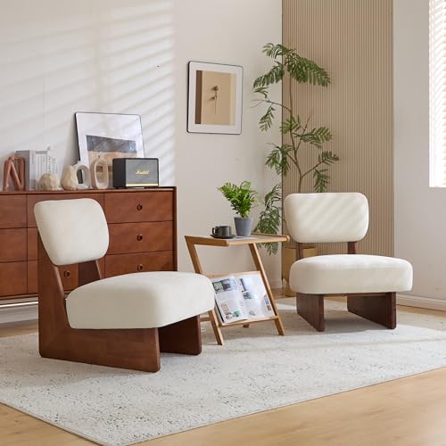 Christopher Knight Home Mores Low Profile Accent Chair Set of 2, Modern Living Room Armless Lounge Chair, Fabric Comfy Reading Chair for Bedroom, Wooden Frame and Thick Padded Seat, Walnut+White Christopher Knight Home