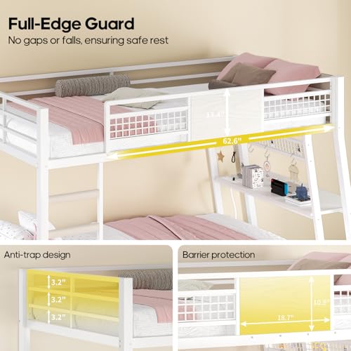 HAUOMS Bunk Bed for Small Space, Twin Over Twin Bunk Beds with Desk, Power Outlets, RGB LED Lights, Storage, Metal Beds with Safety Guardrail & Ladders, No Box Spring Needed (White, No Drawer) HAUOMS