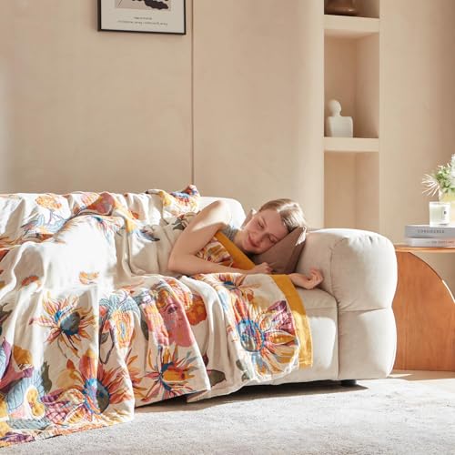 King Throw Blanket for Bed 100% Cotton Boho Soft Rustic Quilt Butterfly and Floral Double Embroidery Breathable Spring Bed Blanket,90"x108" All Season Blankets for Bedding Couch Home Decor LUTBM
