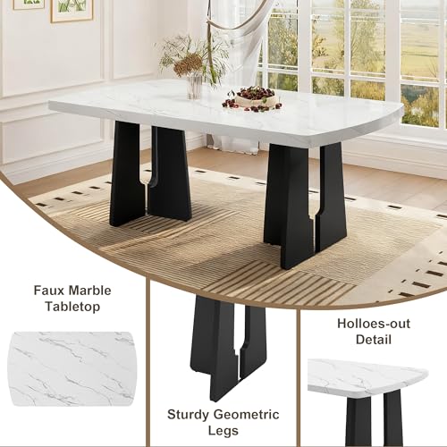 Merax 6-Piece Dining Table Set with Modern Faux Marble Oval Kitchen Tabletop, Four Upholstered Chairs and One Bench for Dining, Living Room, Kitchen, Easy Assembly, White+Gray Merax