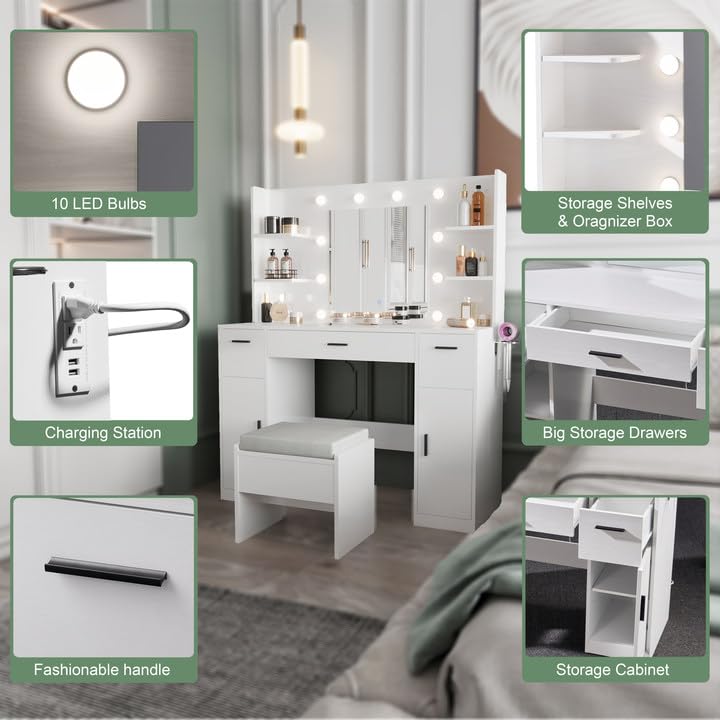 MECHYIN Vanity Desk with Lights, Make up Vanity Desk with Mirror and Power Outlet, Large Makeup Vanity with Dividers and Hair Dryer Rack, Vanity Set 3 Lighting Modes Brightness Adjustable MECHYIN