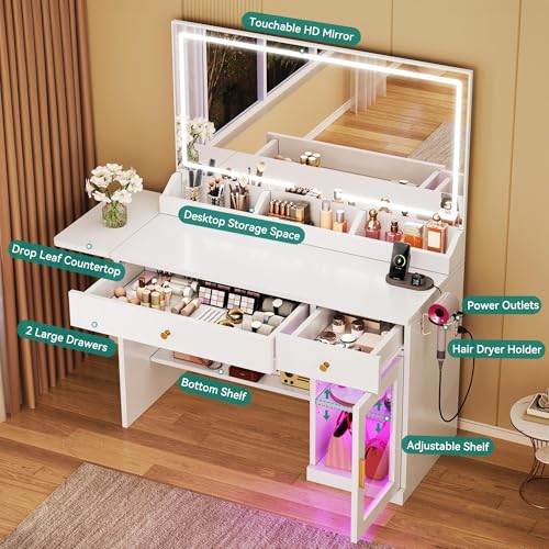 YITAHOME Vanity Desk with Mirror and Lights, RGB Cabinet, Extral Foldable Desk, Makeup Desk with Large Mirror and Power Outlets, Vanity Table Set Bedroom, Dressing Room, White YITAHOME