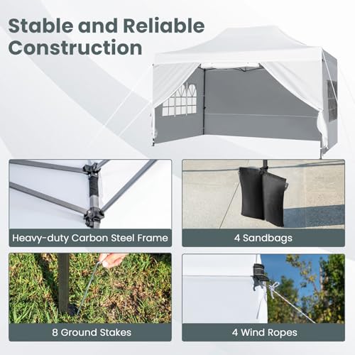 Tangkula 10x14 FT Pop Up Canopy, Outdoor Tent with 4 Sidewalls, Roll-up Door, Wheeled Bag, 4 Sandbags, 8 Stakes, 4 Wind Ropes, Portable Canopy Tent for Beach Party Event Camping (White) Tangkula