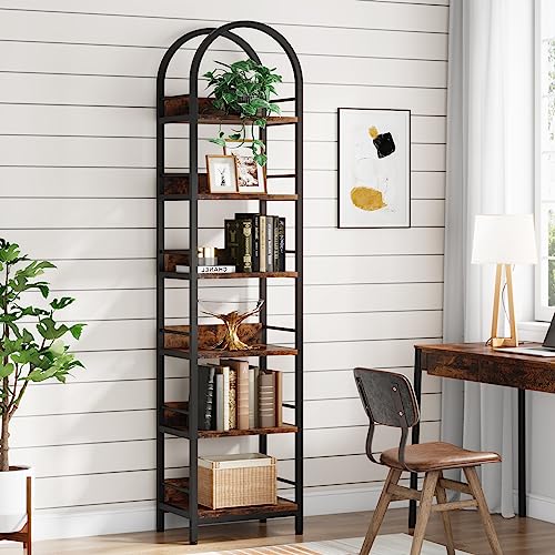 LITTLE TREE 78.7 Inches Tall Arched Bookshelf, 6 Tiers Skinny Open Bookcase with Metal Frame, Freestanding Corner Display Shelves Rack for Living Room, Home Office, Brown LITTLE TREE