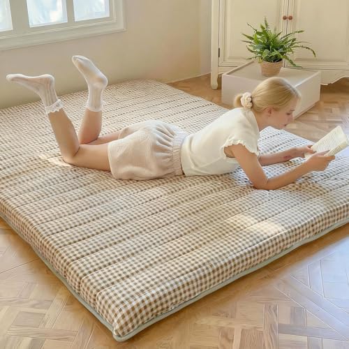 NSNLGSGC Tan Gingham Japanese Floor Mattress, 3.5" Thick High Density Foam Futon Mattress, Foldable Tatami Sleeping Pad for Adults & Kids, Roll Up Floor Bed for Dorm Guest Room, Twin Size 39" x 80" NSNLGSGC