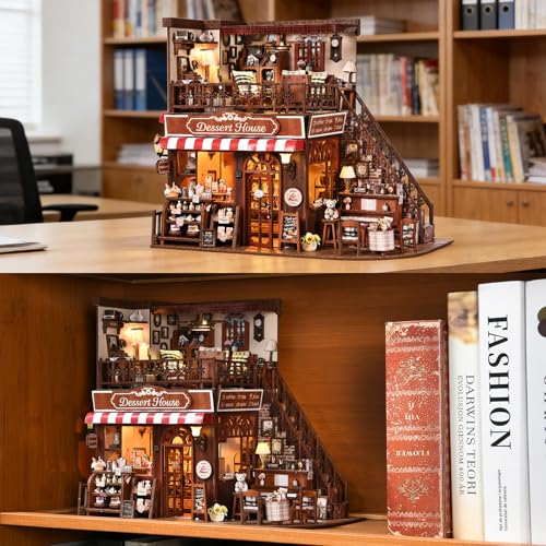 DIY Miniature House Kit, Dollhouse Fantastic Corner Shop for Adults to Build, Birthday/Christmas Day Gift for Family and Friends, Prefab Tiny Home with LED Lights,Corner Dessert House