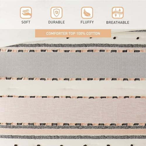 Hyde Lane Boho Queen Comforter Set, Modern Farmhouse Full Size Bedding, Cotton Top with Neutral Rustic Clipped Jacquard Stripes, Tufted Bed Sets, 3-Pieces Including Matching Pillow Shams (90" x 90") Hyde Lane