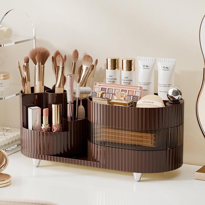 Rotating Makeup Organizer for Vanity with Brush Holder and Drawer, 3 Layer Cosmetic Makeup Storage, Large Makeup Skincare Organizer, Countertop Makeup Perfume Organizer, Lotions Display Case (Brown) COMFYROOM