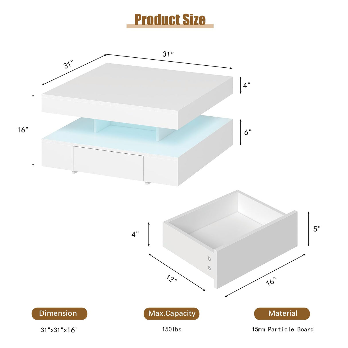 White LED Coffee Table with 2 Storage Drawers for Living Room Square Center Middle Table Modern Cocktail Table with Light 2-Tier Tea Tables Contemporary Mid Century Wood Home Office Waiting Room HedoAjim