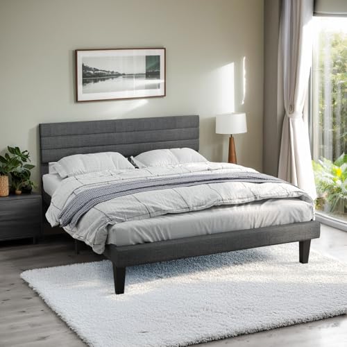 VINGLI Full Bed Frame with Headboard,Upholstered Platform Bed with Adjustable Headboard,Heavy Duty Slats Support,Mid Century Modern,Noise Free, No Box Spring Needed, Dark Gray VINGLI