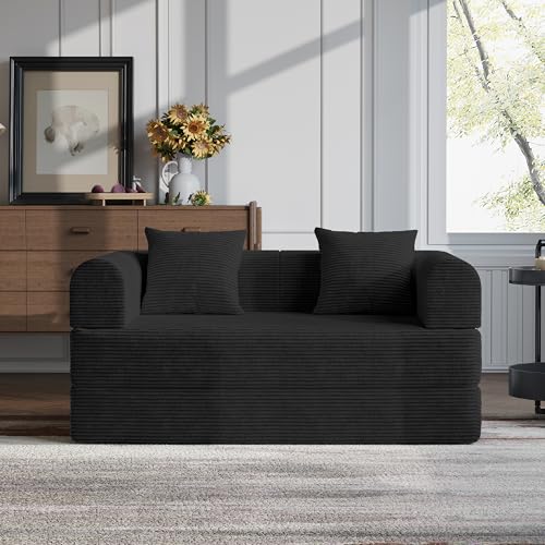 HouseMila 53.15" Boneless Couch,4-in-1 Futon Sofa Bed Modular Loveseat Sleeper Folding Compressed Couch with Pillows,No Assembly Required Convertible Sofa Bed for Living Room Bedroom Guest Room,Black HouseMila
