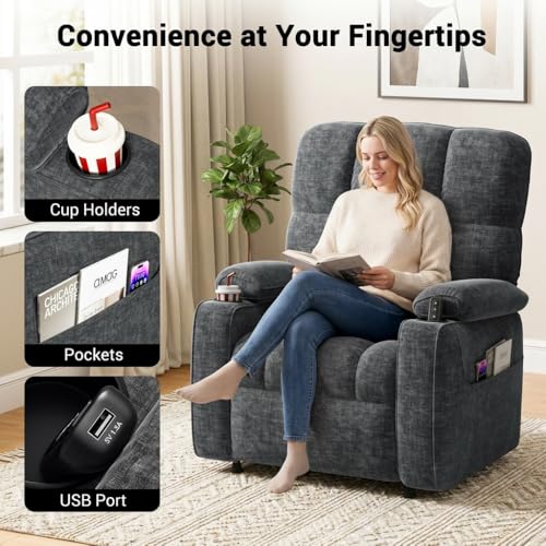 Pipishell Power Recliner Chair for Adults, One-Touch Synchronized Reclining, Oeko-TEX Chenille Fabric Electric Recliner with Remote USB Ports, Cup Holder & Side Pockets, for Living Room & Bedroom