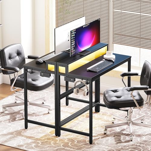 YATINEY Small Computer Desk with Charging Station and LED Lights, Gaming Desk with Monitor Stand, 2-Tier Home Office Desk with 4 Side Hooks, for Living Room, Home Office, Black DN01UDBBY2 YATINEY