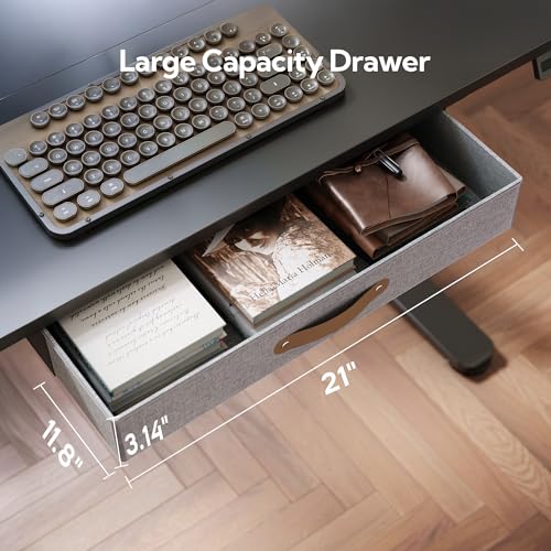 Seang Standing Desk with Drawer, 48" x 24" Height Adjustable Stand Up Desk, 3 Memory Height Settings with Cable Grommets & Storage Hooks, Ideal for Home & Office, Black Seang