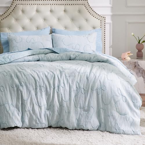 Bedsure Dusty Blue Comforter Set Queen, GentleSoft™ 3 Pieces Breathable Bow Comforter Set Women Girls with 2 Pillow Shams, Cute Queen Bedding Sets Room Decor Aesthetic Bedroom Decor, 90x90 Inches Bedsure