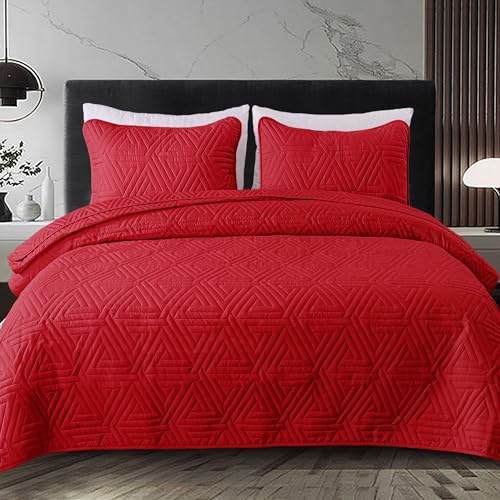 Whale Flotilla Soft Twin Size Quilt Set for All Seasons, 2-Piece Ultrasonic Geometric Quilts Bedding Set, Lightweight Reversible Bedspread, Coverlet, Bed Cover with Pillow Sham, Red Whale Flotilla