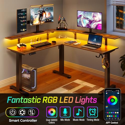 Rolanstar Standing Desk L Shaped with LED Light and Power Outlet, Electric Height Adjustable Computer Office Desk Sit Stand Up with Monitor Stand, Rustic Brown Rolanstar