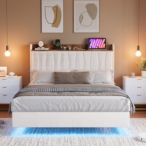 IDEALHOUSE King Floating Bed Frame with LED Lights & Charging Station, Upholstered Platform Bed with Storage Headboard, Wood Slats Support, No Box Spring Needed, Easy to Assemble, White IDEALHOUSE