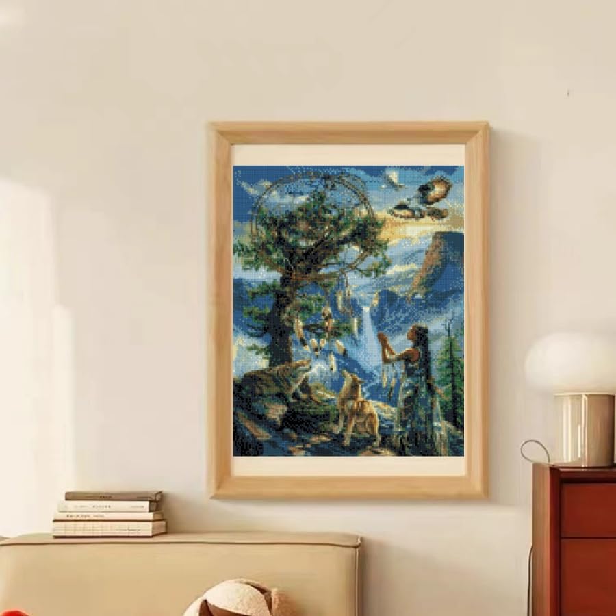 DIY 5D Diamond Art Painting by Number Kits Native American Indian Woman Dream Catcher Wolf and Eagle Paint with Square Diamonds Full Drill Beads Mosaic Art for Adults Wall Decoration (40x50CM) WoodArtSupply