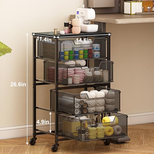 Rolling Cart with Drawers, 4-Drawer Storage Cart on Wheels with Wooden Top, Metal Utility Cart with Storage Drawers, Craft Storage Art Cart for Classroom, Office, Kitchen, Bedroom,Patent Pending Aokitsink